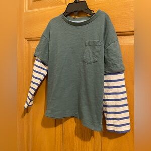 Mini Boden Green Shirt with Blue and White Striped Sleeves